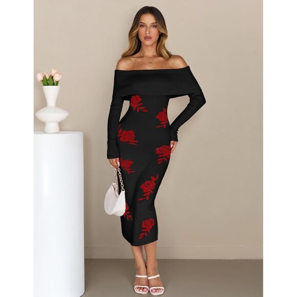 Merokeety Women's Blackrose Off Shoulder Long Sleeve Elegant Bodycon Midi Dress - Picture 2 of 9